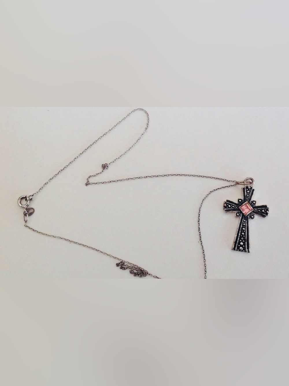 Necklace Crucifix Cross Silver Pink Crystal Rhinestone Vintage